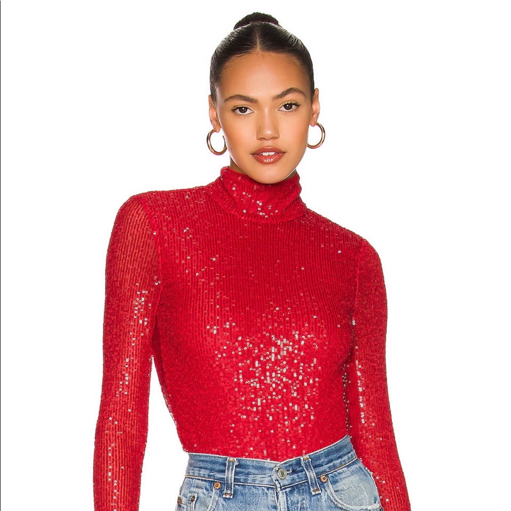 Nbd Halima Top, Red Sequin Bodysuit